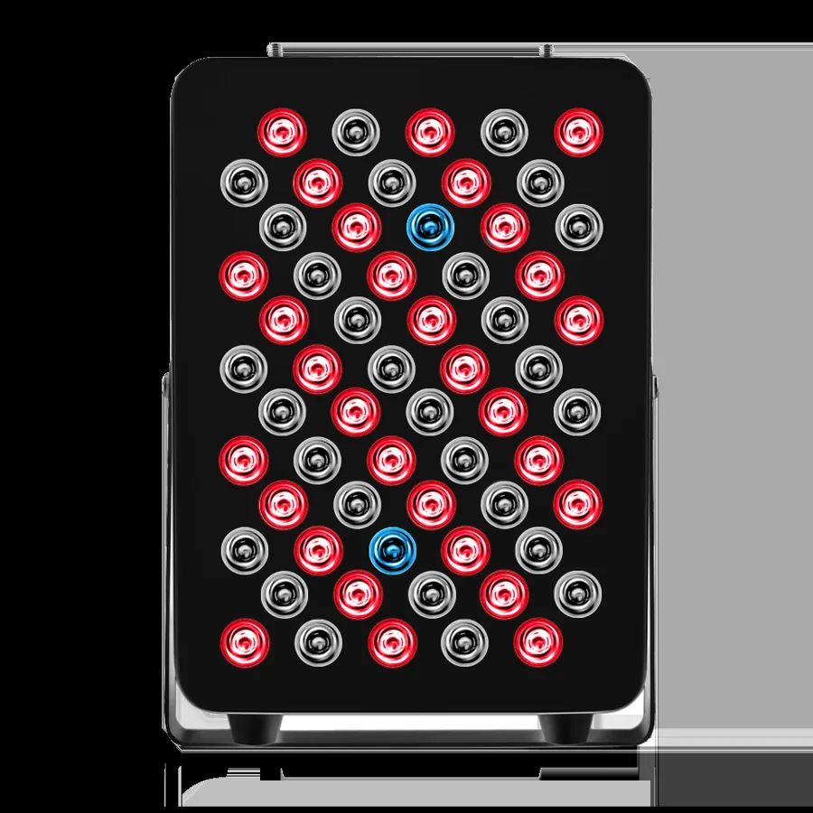 The Vellgus elite v2 red light therapy panel, a black panel of 60 LEDs with red and blue diodes visible in the array.